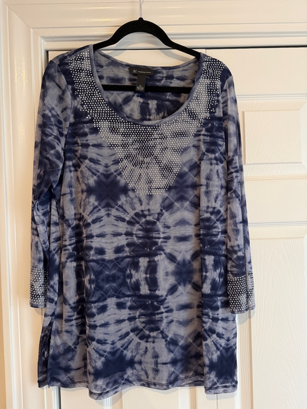 INC International Concepts Navy Tie-Dye Scoop Neck Top with Stud Embellishment